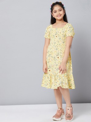 Stylo Bug Indi Girls Midi/Knee Length Casual Dress(Yellow, Half Sleeve)