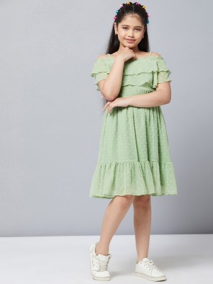 Stylo Bug Indi Girls Midi/Knee Length Casual Dress(Green, Half Sleeve)