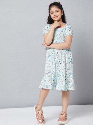 Stylo Bug Indi Girls Midi/Knee Length Casual Dress(Green, Half Sleeve)
