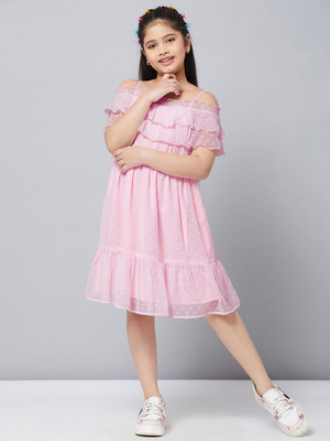 Stylo Bug Indi Girls Midi/Knee Length Casual Dress(Pink, Half Sleeve)