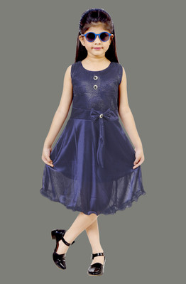 Mojua Girls Midi/Knee Length Party Dress(Blue, Sleeveless)