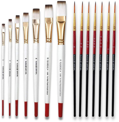 KAMAL Combo of Artist Quality Detail and Script Liner Set of 7 in Synthetic Taklon AND Flat Artist Quality Painting Brush White/Set of 7 in Synthetic Taklon(Red-Black and White-Red)