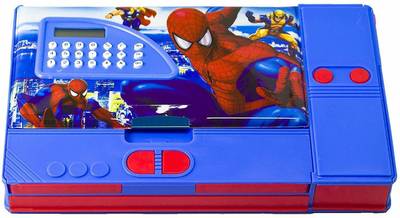 topgifties Spiderman Gadget Multipurpose Pencil Box with Calculator Big Size Jumbo Avenger Magnetic Dual Side Spacious for Kids Art Plastic Pencil Box