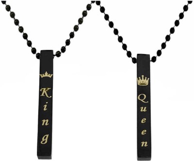 NNPRO His Queen And Her King Crown Couple Black Bar Pendant With Black Chain Sterling Silver, Black Silver Stainless Steel, Metal, Alloy Locket Set