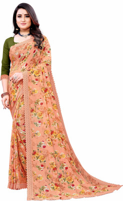 Aanyaa Trendz Floral Print Bollywood Georgette Saree(Orange)