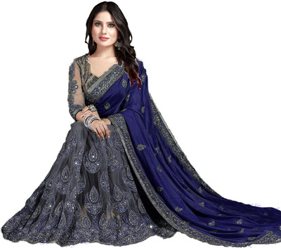 Darshita International Embroidered Bollywood Net, Chiffon Saree(Blue, Grey)