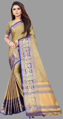 THESIYA FAB Color Block, Digital Print, Embroidered, Animal Print, Applique, Floral Print Bollywood Cotton Blend, Jacquard Saree(Cream)