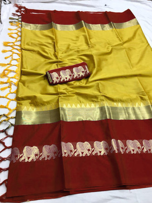 Kothari Trend Woven Dharmavaram Handloom Cotton Silk Saree(Yellow)