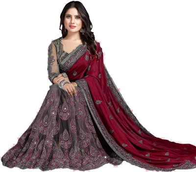 Darshita International Embroidered Bollywood Net, Chiffon Saree(Maroon, Grey)