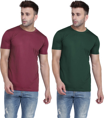 TQH Solid Men Round Neck Green, Maroon T-Shirt
