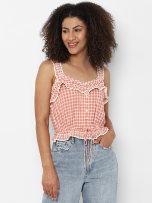 American Eagle Outfitters Casual Checkered Women Pink Top