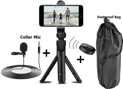 POZUB Tripod Stand Extendable Selfie Stick +Lapel 3.5mm Collar Microphone Tripod Kit(Black, Supports Up to 500 g)