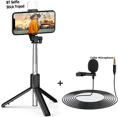 POZUB Bluetooth Selfie Stick with Selfie Light,Tripod Stand holder+Lavalier Collar Mic Tripod, Monopod, Monopod Kit, Tripod Ball Head, Tripod Bracket, Tripod Clamp, Tripod Kit(Black, Supports Up to 600 g)