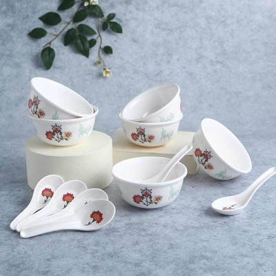WONDERCHEF Pack of 12 Melamin Venice Soup Bowl with spoon-Red (Set of 12 Pcs) Dinner Set(Red)