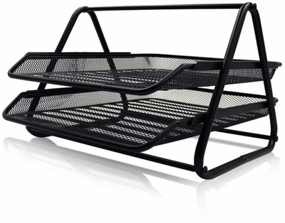 Kebica 2 Compartments Metal 2 Tier File Tray for Your Desk Organizer Books Magazines Design Rack Set-1(Black)