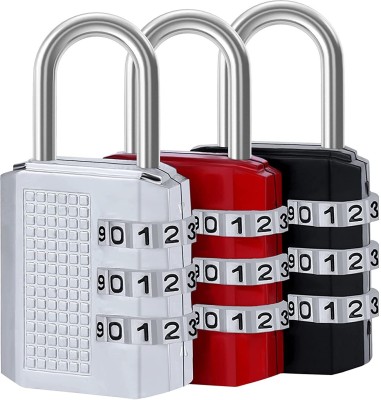 PuthaK Padlock 3 Digit Combination Lock (Pack of 3) Combination Lock(Silver, Red, Black)