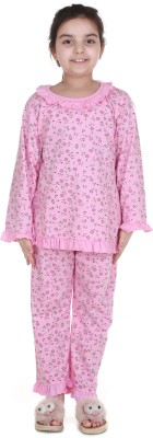 MAXISTORE Girls Printed Pink, Light Green Top & Pyjama Set