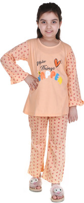MMShopy Baby Girls Printed Orange Top & Pyjama Set