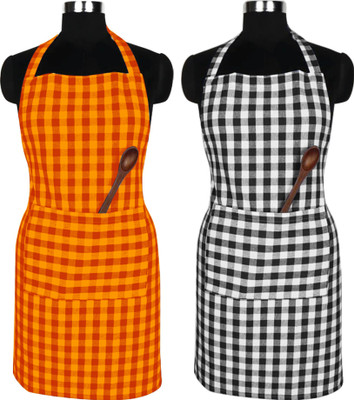 Feather Green Cotton Home Use Apron - Free Size(Black, Pack of 2)