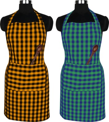 Feather Green Cotton Home Use Apron - Free Size(Green, Pack of 2)