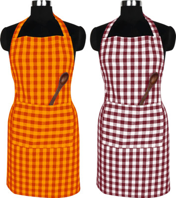 Feather Green Cotton Home Use Apron - Free Size(Maroon, Pack of 2)