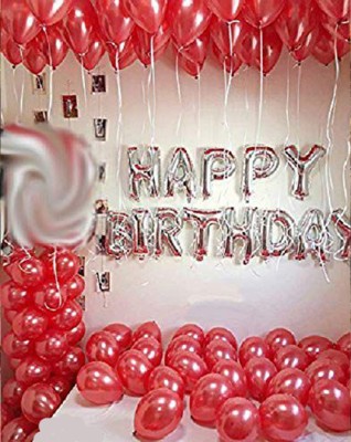 pixelfox Solid Happy Birthday Foil (Silver) + 30 Metallic Balloons (Red) Balloon(Silver, Pack of 1)