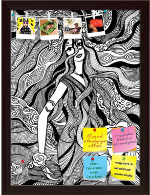 Artzfolio Drawing of a Girl With Flowers Notice Pin Board Soft Board with Push Pins Cork Bulletin Board(Dark Brown Frame 16 x 21.5 inch (41 x 55 cms))