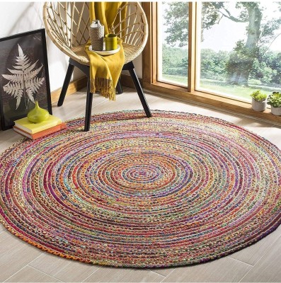 Jilani Handloom Rugs Beige Jute, Cotton Carpet(2 ft,  X 2 ft, Circle)