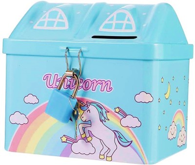 SABIRAT Unicorn Printed Metal Coin, Piggy Bank For Kids With Lock And Key (Pack 1, Blue) Coin Bank(Multicolor)