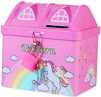 SABIRAT Unicorn Printed Metal Coin, Piggy Bank For Kids With Lock And Key (Pack 1, Pink) Coin Bank(Multicolor)