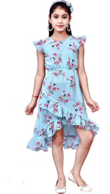 Arshia Fashions Girls Above Knee Casual Dress(Light Blue, Sleeveless)