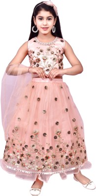 Arshia Fashions Girls Lehenga Choli Ethnic Wear Embroidered Lehenga, Choli and Dupatta Set(Pink, Pack of 1)