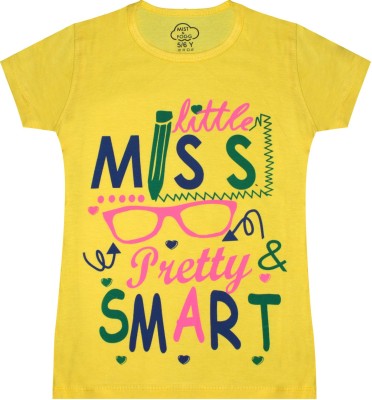 MIST N FOGG Girls Typography, Printed Cotton Blend Regular T Shirt(Yellow, Pack of 1)