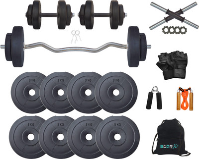 STARX 32 kg PVC 32KG Weight Plate with 3Ft Curl Rod & Gym Accessories Gym Equipment for Home Home Gym Combo