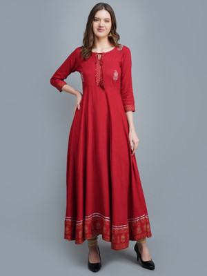 MANKSH Women Printed Anarkali Kurta(Maroon)