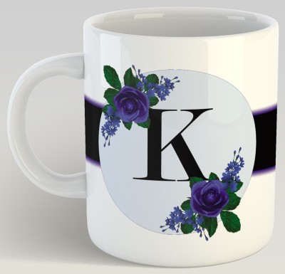 JUNKY MUG Birthday Gift Beautiful Blue Floral Alphabet Letter K Ceramic Coffee/Tea/Milk Ceramic Coffee Mug(325 ml)