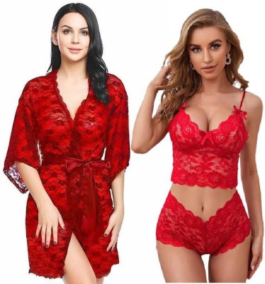 IyaraCollection Women Robe and Lingerie Set(Red, Red)