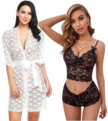 IyaraCollection Women Nighty Set(White, Black)