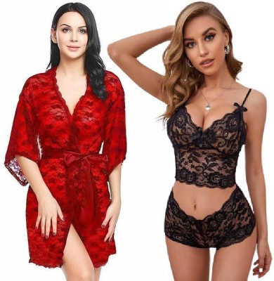 IyaraCollection Women Robe and Lingerie Set(Red, Black)