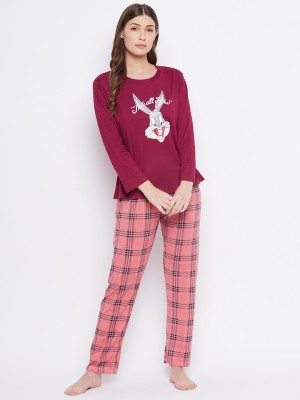 Camey Women Printed Maroon Top & Pyjama Set