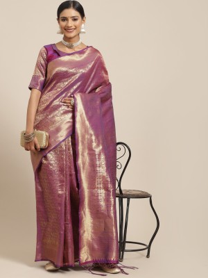 Ratnavati Geometric Print Bollywood Linen Saree(Purple)