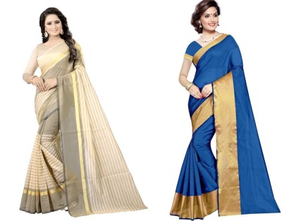 Samai Striped Bollywood Cotton Silk Saree(Pack of 2, Blue, Beige)