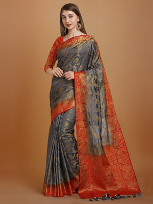 COSBILA FASHION Woven Banarasi Cotton Silk Saree(Red, Grey)