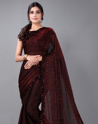 Samah Woven, Self Design, Embellished Bollywood Lycra Blend Saree(Black, Maroon)