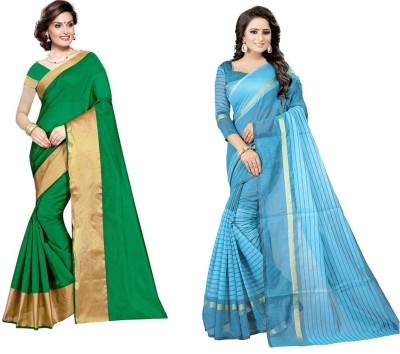 Saadhvi Woven Paithani Cotton Silk Saree(Pack of 2, Light Blue, Green)