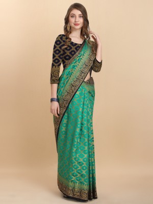 COSBILA FASHION Woven Banarasi Cotton Silk Saree(Green, Blue)