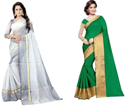 Suali Striped Daily Wear Cotton Silk Saree(Pack of 2, Green, Grey)