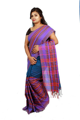 SAHA TEXTILE Woven Jamdani Cotton Blend Saree(Blue)