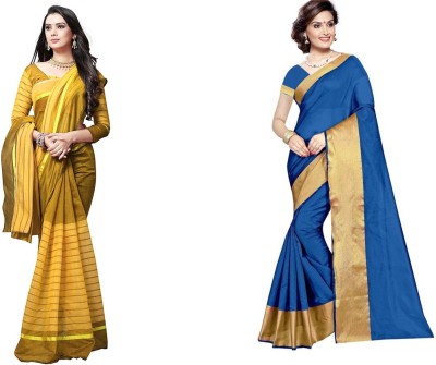 Samai Striped Bollywood Cotton Silk Saree(Pack of 2, Blue, Light Green)