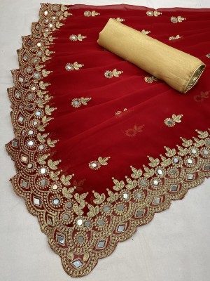 Disha Fashion Embroidered Banarasi Georgette, Silk Blend Saree(Red)